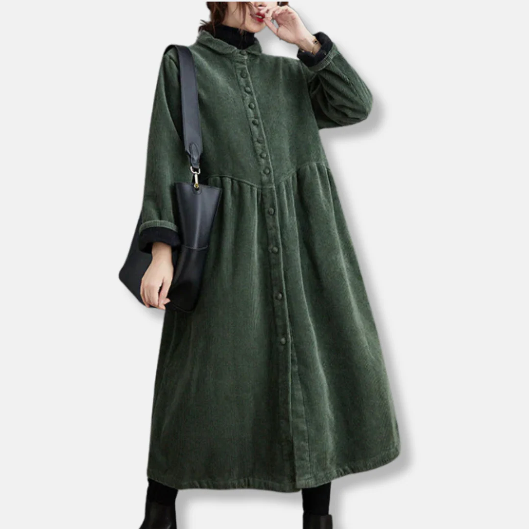 Women’s Long Coat – Corduroy A-Line – Loose Fit – High Neck – Button Front – Midi Length