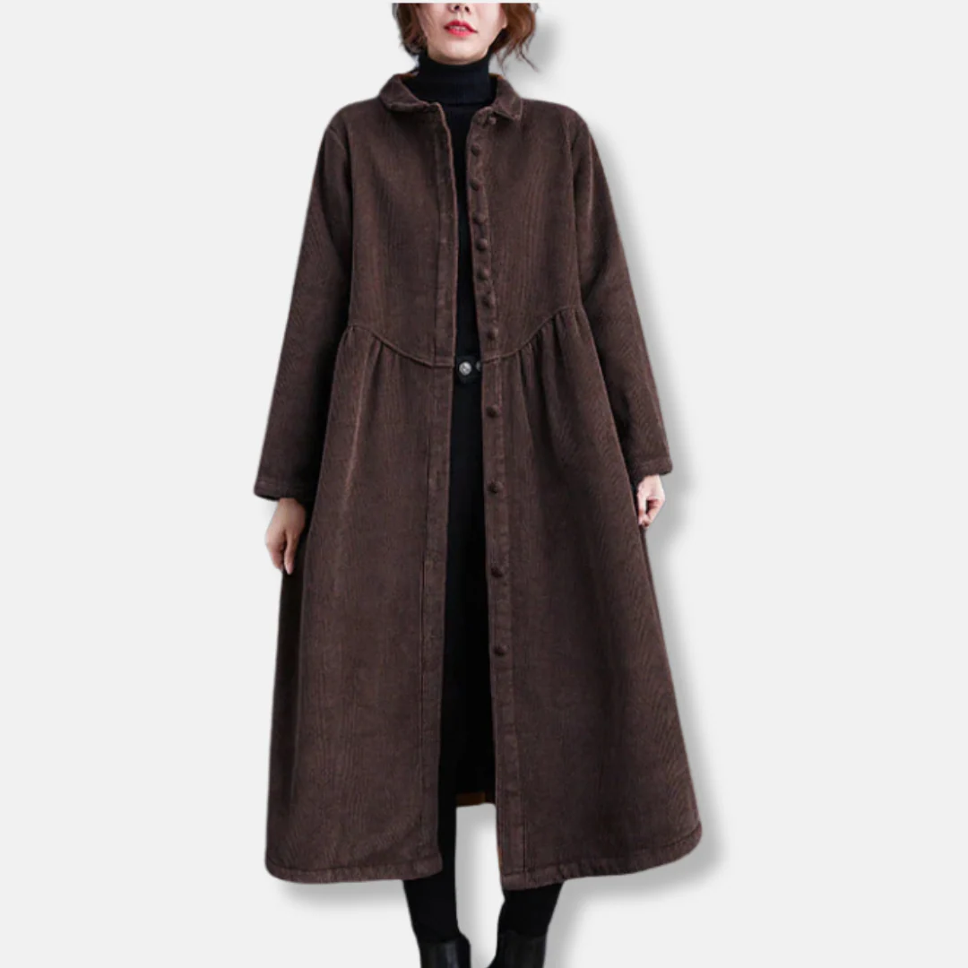 Women’s Long Coat – Corduroy A-Line – Loose Fit – High Neck – Button Front – Midi Length - Image 2
