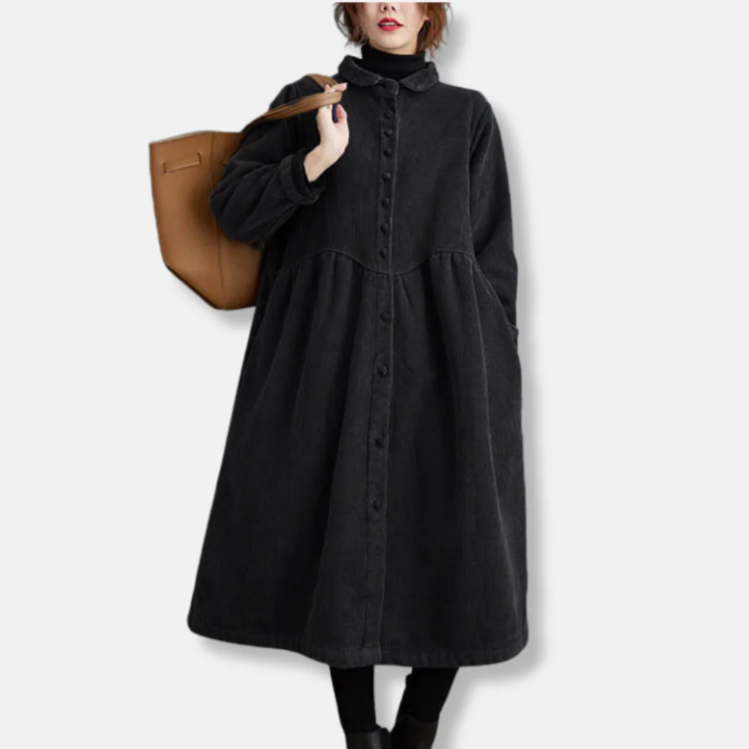 Women’s Long Coat – Corduroy A-Line – Loose Fit – High Neck – Button Front – Midi Length - Image 3