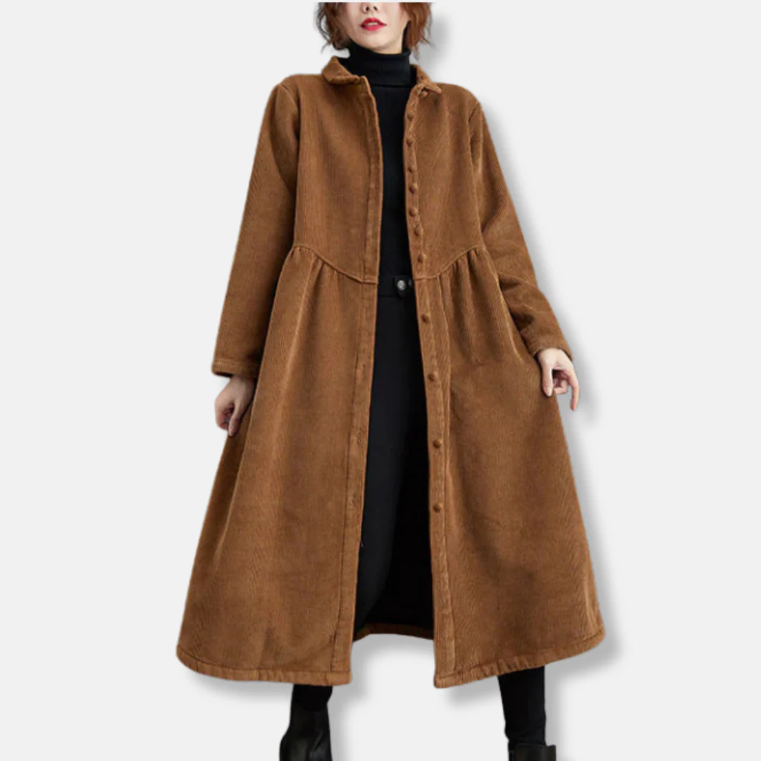 Women’s Long Coat – Corduroy A-Line – Loose Fit – High Neck – Button Front – Midi Length - Image 4
