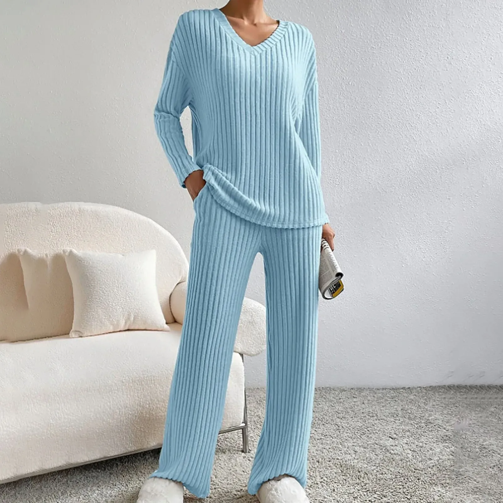 Women’s Lounge Set – Ribbed Knit – Relaxed Fit – V-Neck Top – Wide Leg Trousers - Image 3