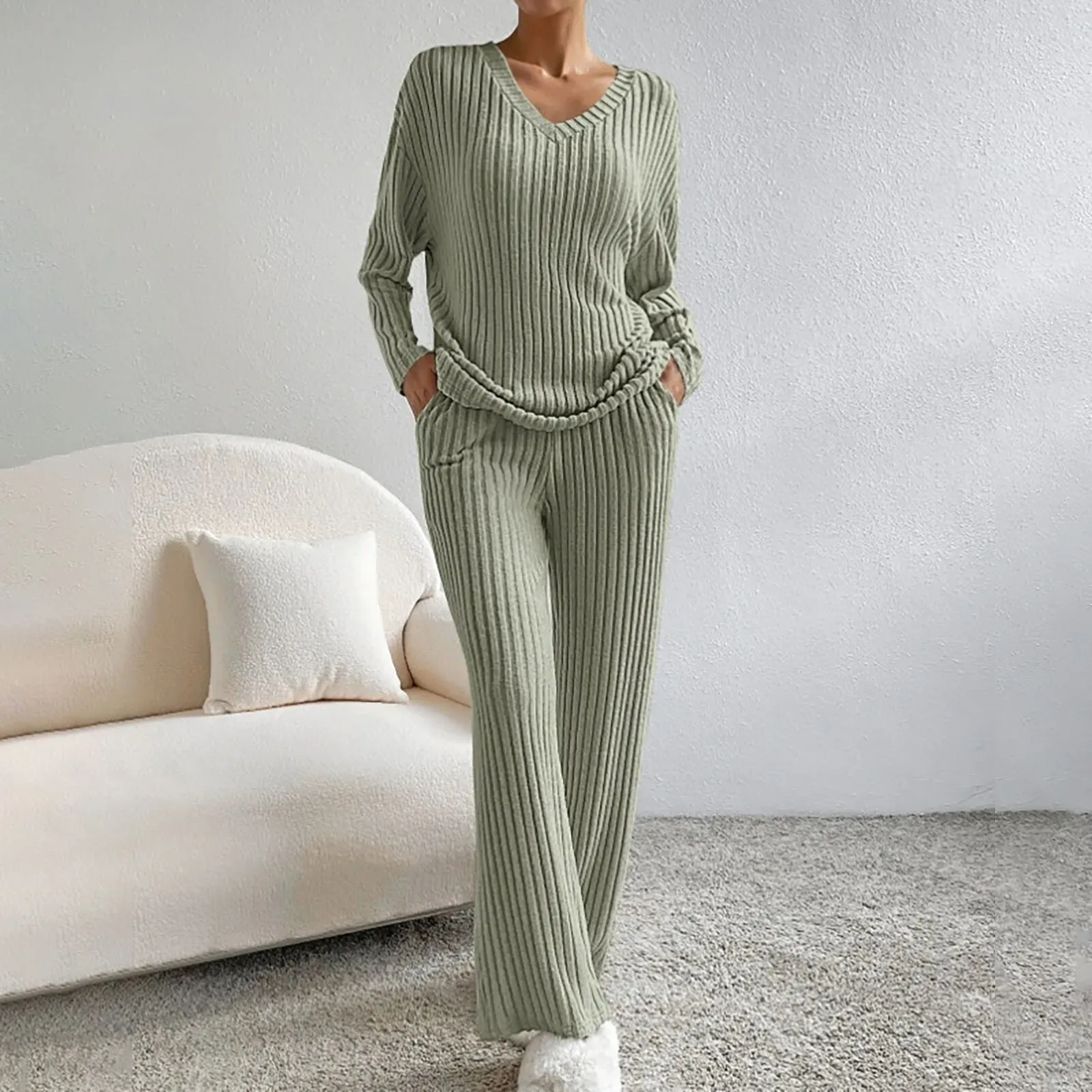 Women’s Lounge Set – Ribbed Knit – Relaxed Fit – V-Neck Top – Wide Leg Trousers - Image 4