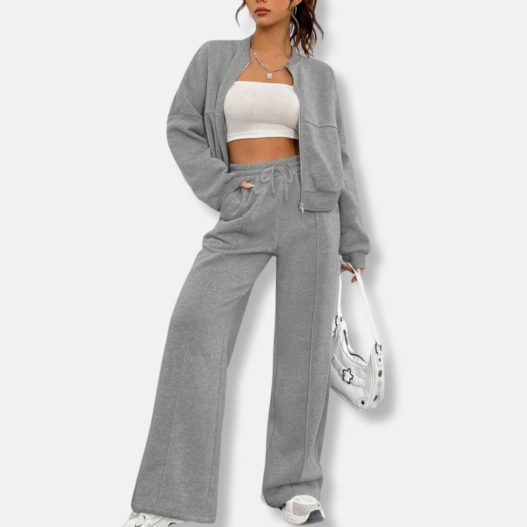 Women’s Loungewear Set – Relaxed Bomber Jacket – High-Waisted Wide-Leg Trousers - Image 3