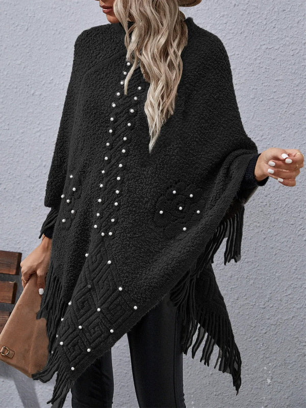 Women’s Poncho – Loose Fit – Wool Blend Feel – Beaded Detail – Fringed Hem – Asymmetrical Cut - Image 3