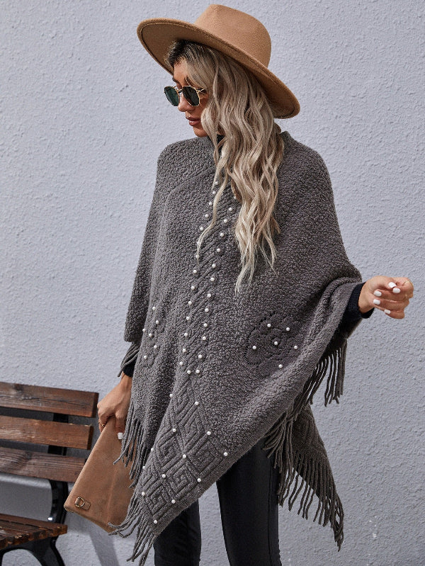 Women’s Poncho – Loose Fit – Wool Blend Feel – Beaded Detail – Fringed Hem – Asymmetrical Cut - Image 4