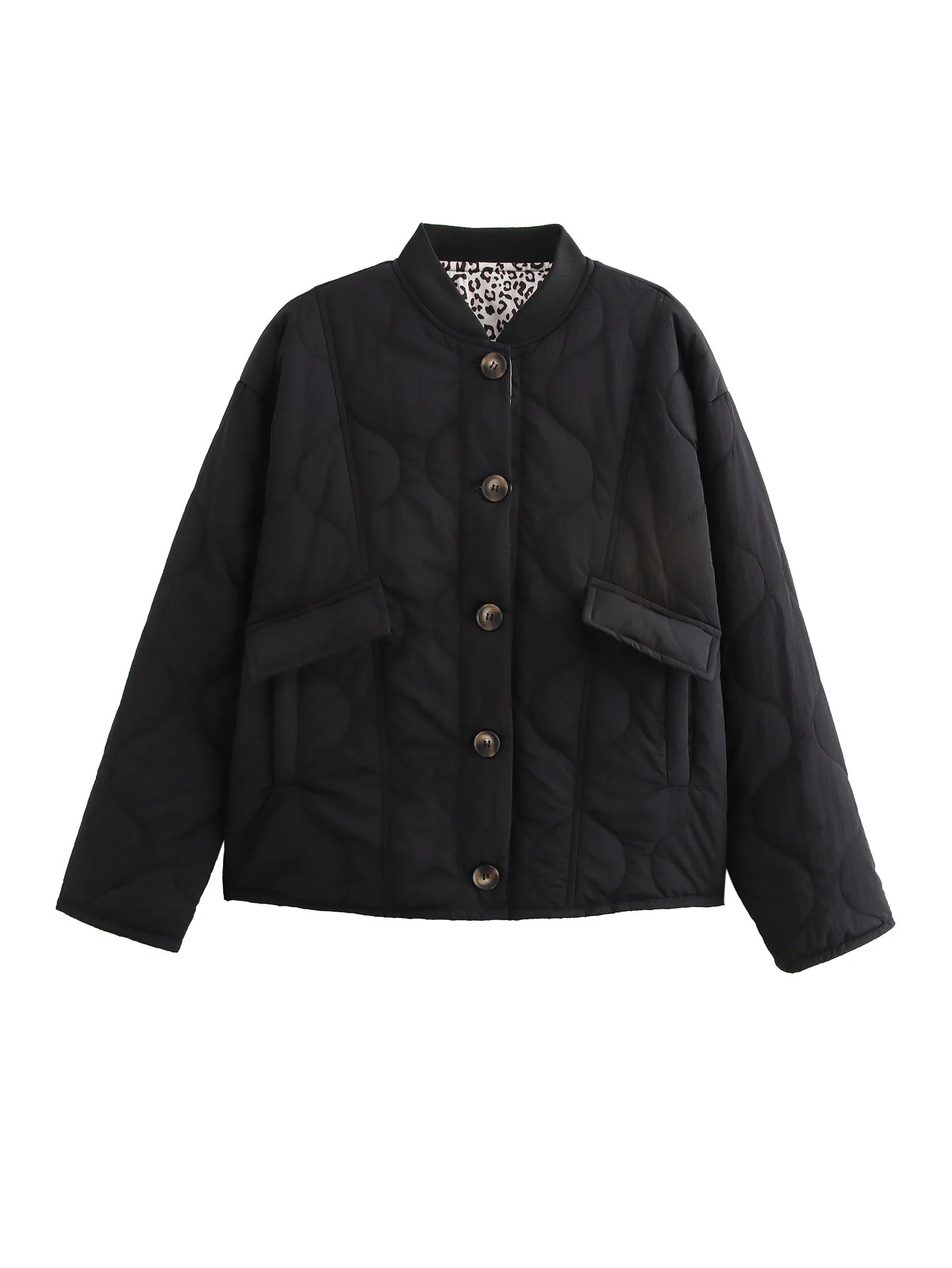 Women’s Quilted Jacket - Button Front - Leopard Cuffs - Casual Chic - Image 3