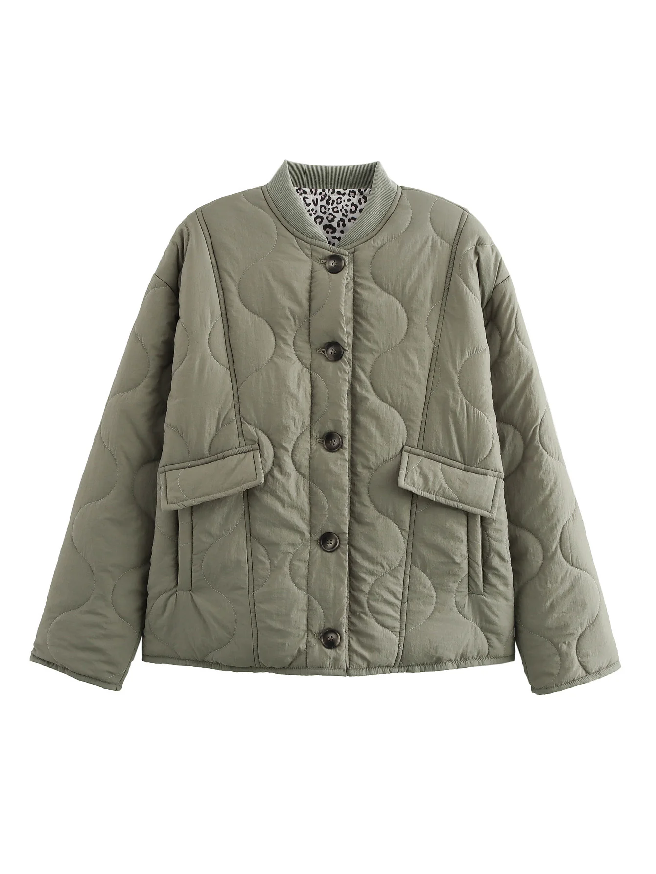 Women’s Quilted Jacket - Button Front - Leopard Cuffs - Casual Chic - Image 4