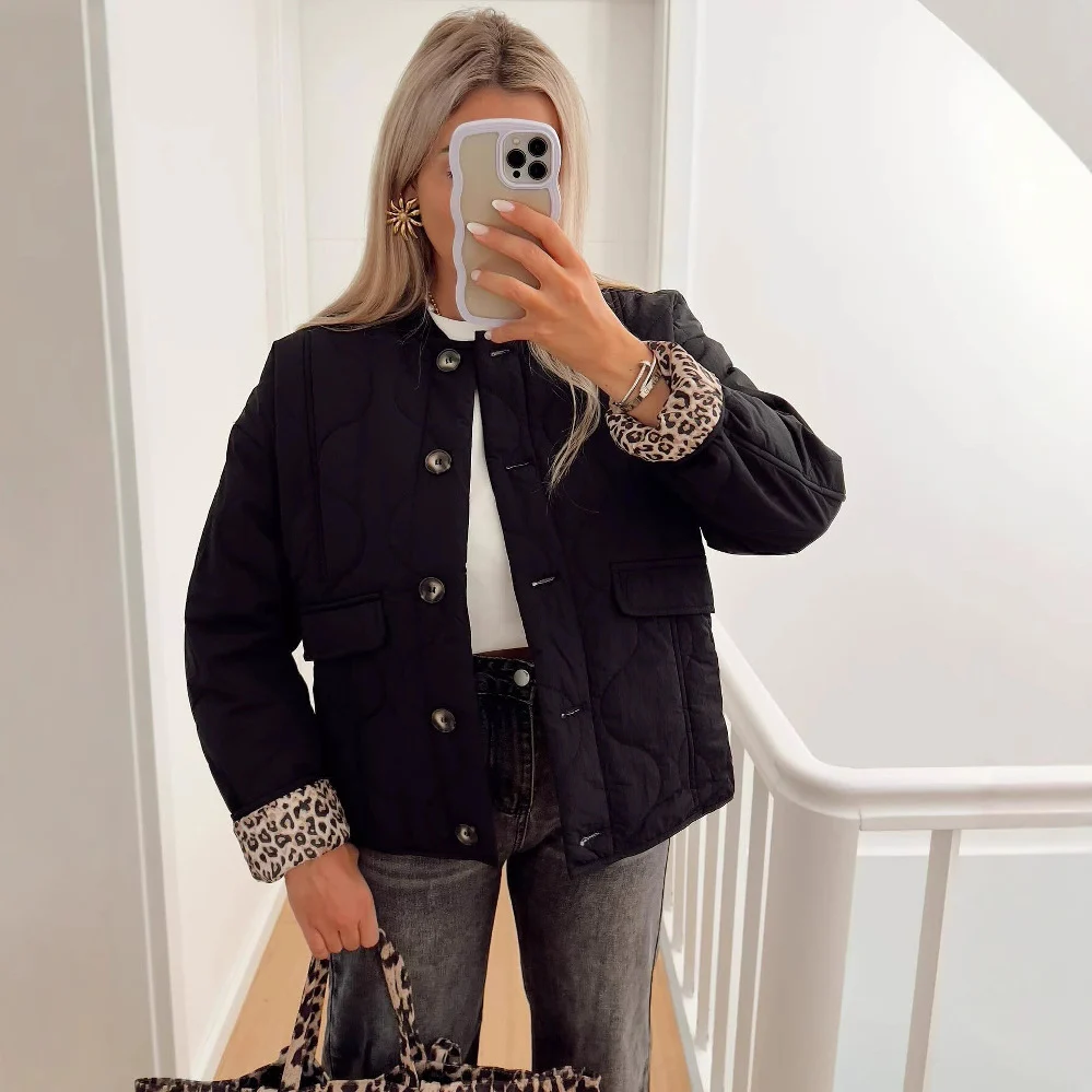 Women’s Quilted Jacket - Button Front - Leopard Cuffs - Casual Chic - Image 5