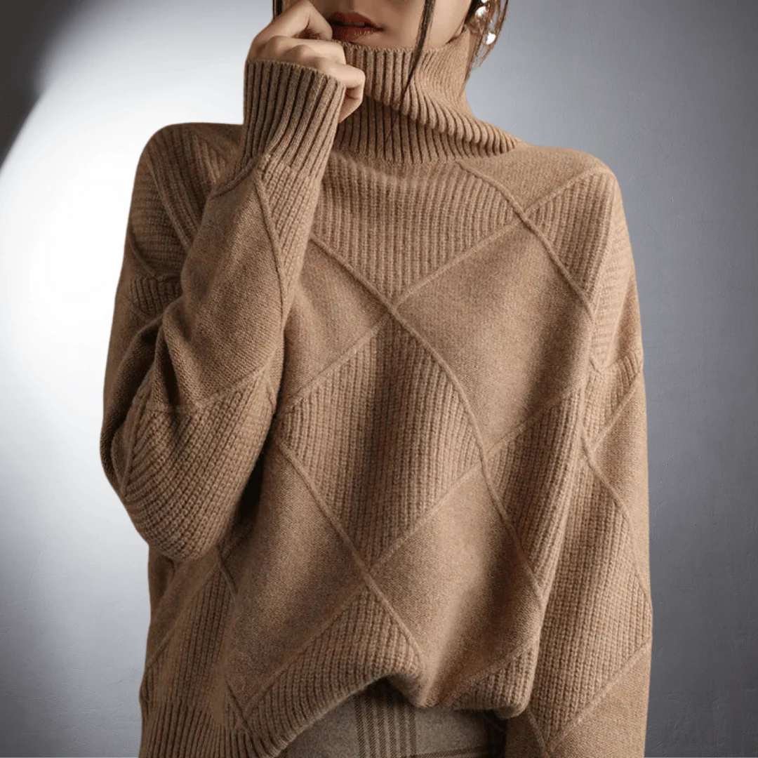 Women’s Sweater – Relaxed Fit – High Turtleneck – Geometric Knit – Ribbed Trim - Image 3