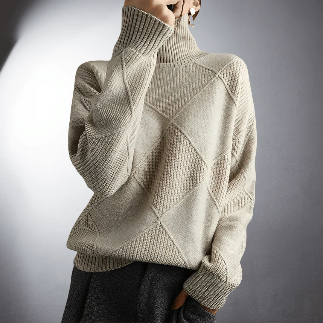 Women’s Sweater – Relaxed Fit – High Turtleneck – Geometric Knit – Ribbed Trim - Image 4