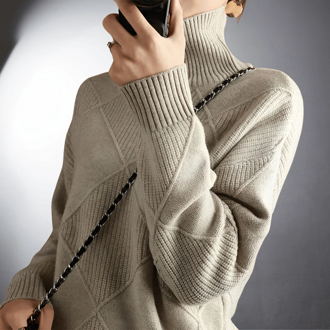 Women’s Sweater – Relaxed Fit – High Turtleneck – Geometric Knit – Ribbed Trim - Image 5