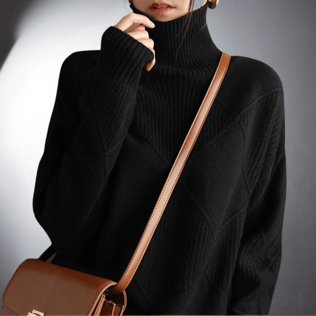 Women’s Sweater – Relaxed Fit – High Turtleneck – Geometric Knit – Ribbed Trim - Image 6