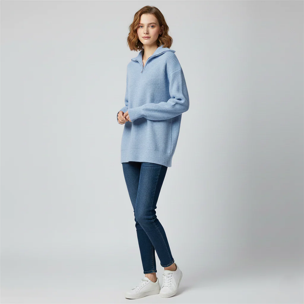 Women’s Sweatshirt – Relaxed Fit – High Zip Collar – Ribbed Knit Trim - Image 3