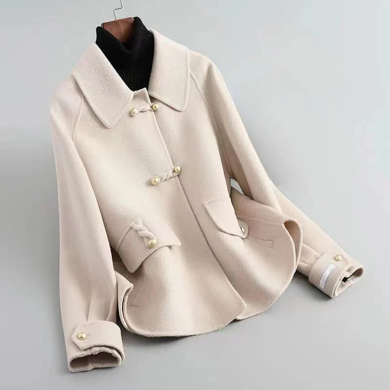 Women’s Tailored Coat – Wool Blend – Pearl Button Closure – Flared Hem – Half Length - Image 4