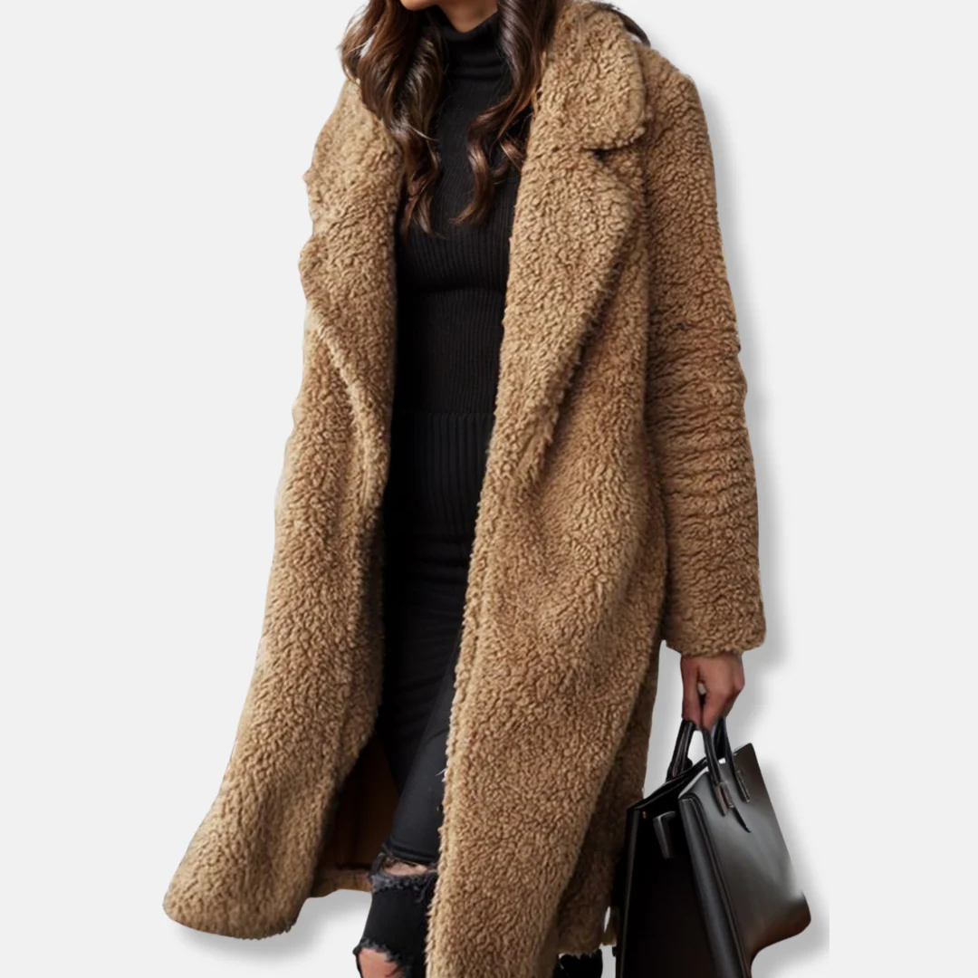 Women’s Trench Coat – Relaxed Fit – Plush Textured Fabric – Notched Lapel – Mid-Calf Length - Image 3
