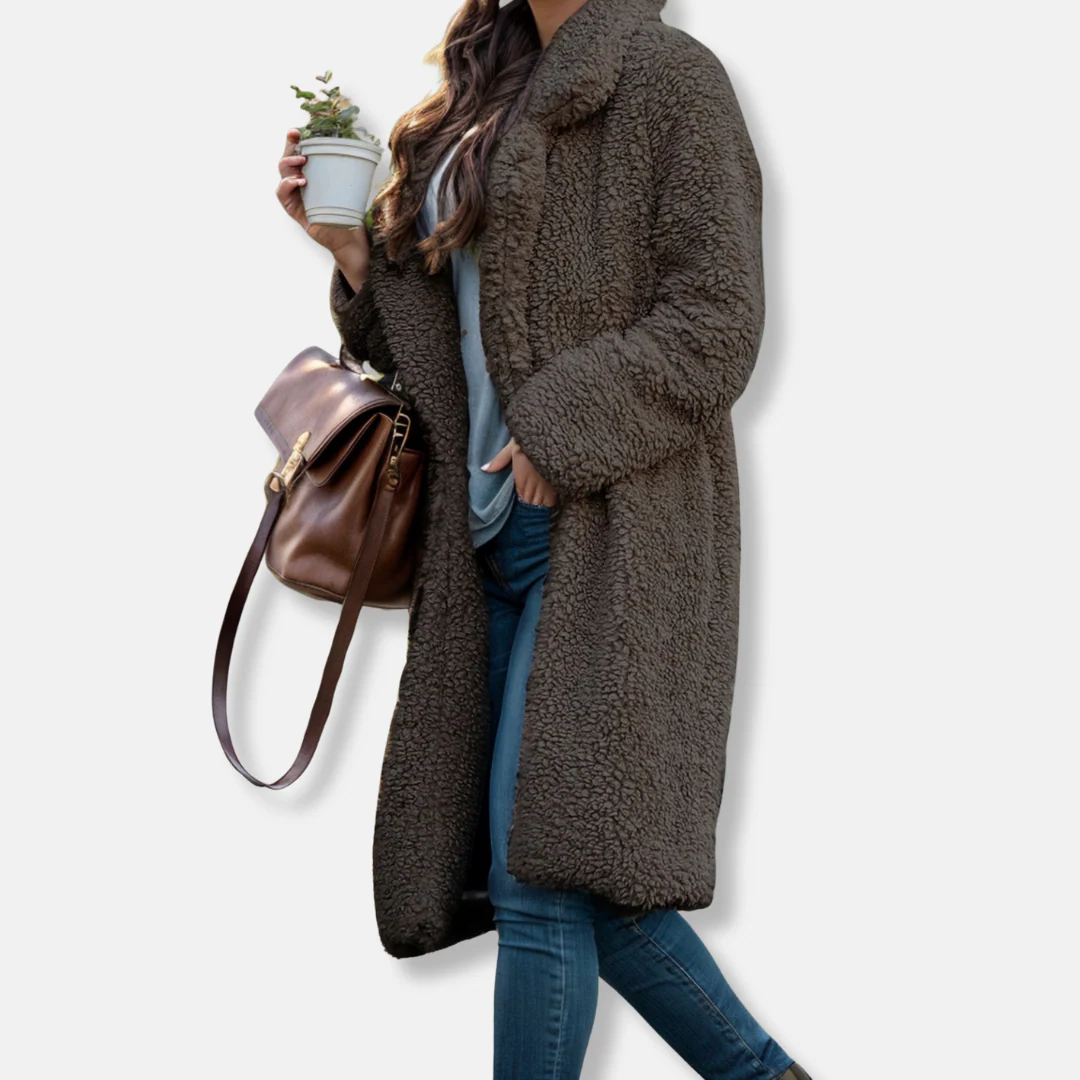 Women’s Trench Coat – Relaxed Fit – Plush Textured Fabric – Notched Lapel – Mid-Calf Length - Image 4