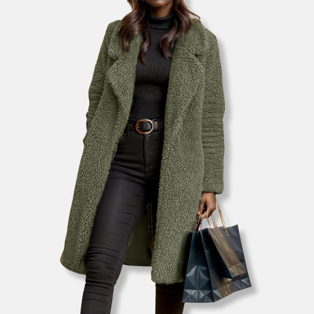 Women’s Trench Coat – Relaxed Fit – Plush Textured Fabric – Notched Lapel – Mid-Calf Length - Image 5
