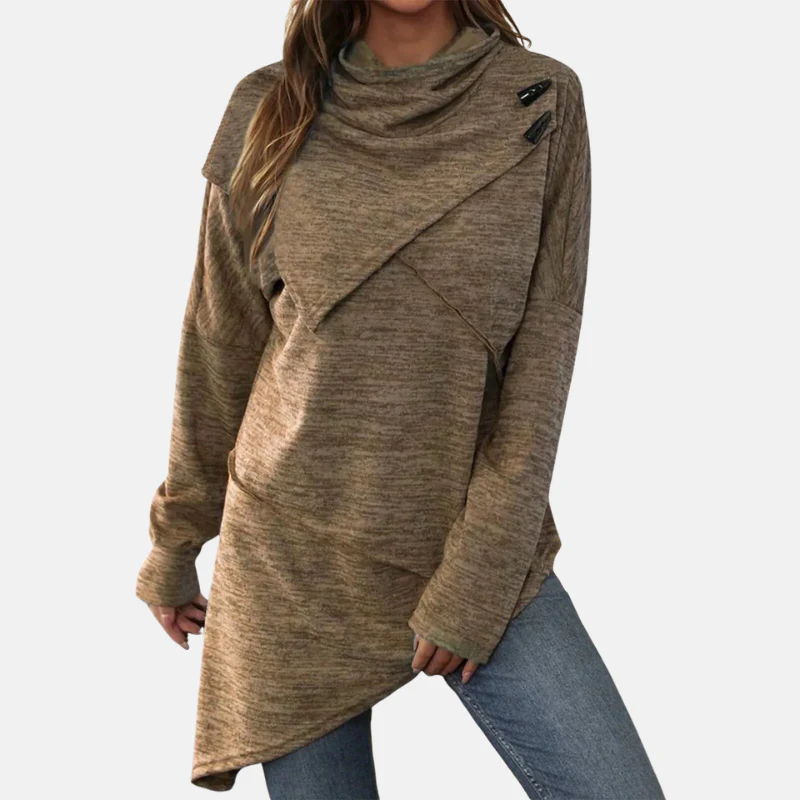 Women’s Tunic Sweater – Wool Blend – Relaxed Fit – Cowl Neck – Asymmetrical Hem - Image 5